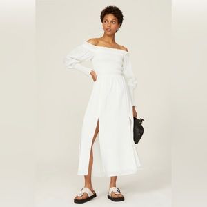 All Saints Lary Shirred Off the Shoulder Linen & Silk Dress